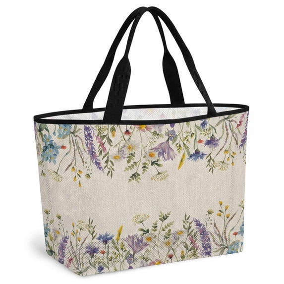 Purple Lavender Beach Bag for Women, Large Breathable Mesh Beach Tote Bag, Spring Rustic Wildflowers Botanical Beige Sandproof Lightweight Travel Bags for Vacation Picnic Swimming Pool