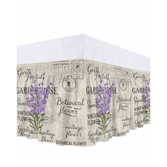 Purple Lavender Bed Skirt King Size 16 Inch Drop, Vintage Letter Texture Flowers Floral Adjustable Elastic Dust Ruffles Bedskirt for King Bed Wrap Around Pleated Mattress Frame Cover