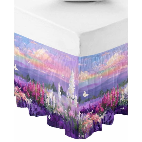 Purple Lavender Bed Skirt King Size 18 Inch Drop, Wrap Around Bed Skirts, Spring Country Oil Painting Butterfly Flower Elastic Bedskirt Pleated Bed Frame Cover Luxurious Dust Ruffle for King Bed