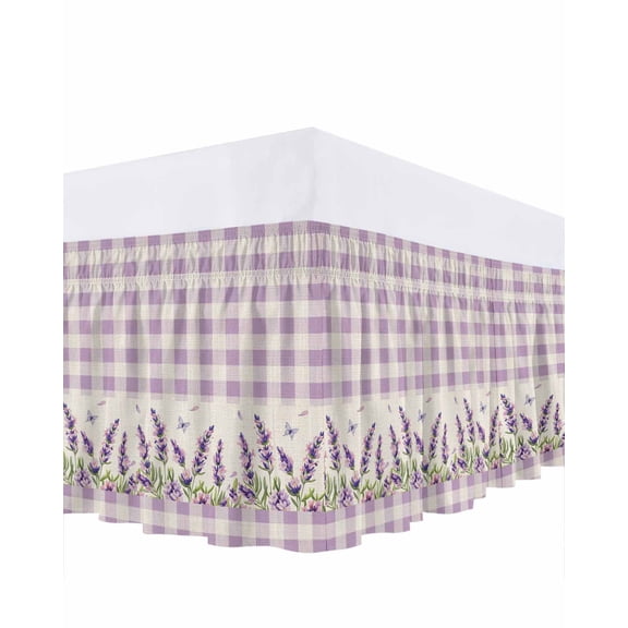 Purple Lavender Bed Skirt Queen Size 16 Inch Drop, Spring Floral Butterfly Rustic Purple Plaid Adjustable Elastic Dust Ruffles Bedskirt for Queen Bed Wrap Around Pleated Mattress Frame Cover