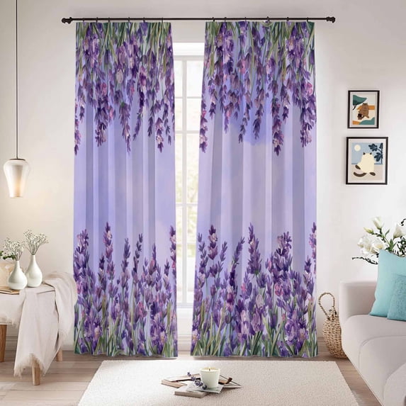 Purple Lavender Blackout Curtains for Bedroom/Living Room, Pinch Pleated Black Out Curtains, Spring Watercolor Wild Flowers Plant Room Darkening Window Drapes with Hooks 2 Panels, 59"x70"