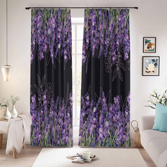 Purple Lavender Blackout Curtains for Bedroom/Living Room, Pinch Pleated Black Out Curtains, Spring Watercolor Wildflowers Plant Black Room Darkening Window Drapes with Hooks 2 Panels, 39"x70"