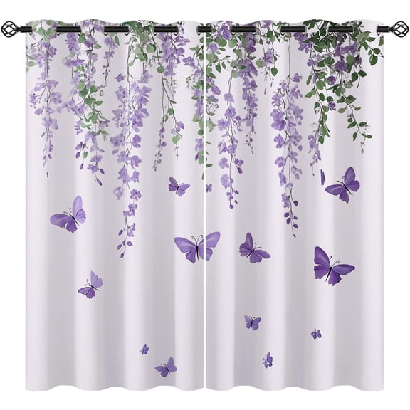 Purple Lavender Blackout Curtains for Girls Kids Boys Home Decor,Spring Floral Butterfly Lilac Flower Grommet Thermal Insulated Drapes Darkening Window Curtain for Bedroom Living Room, 42 x 63 Inch