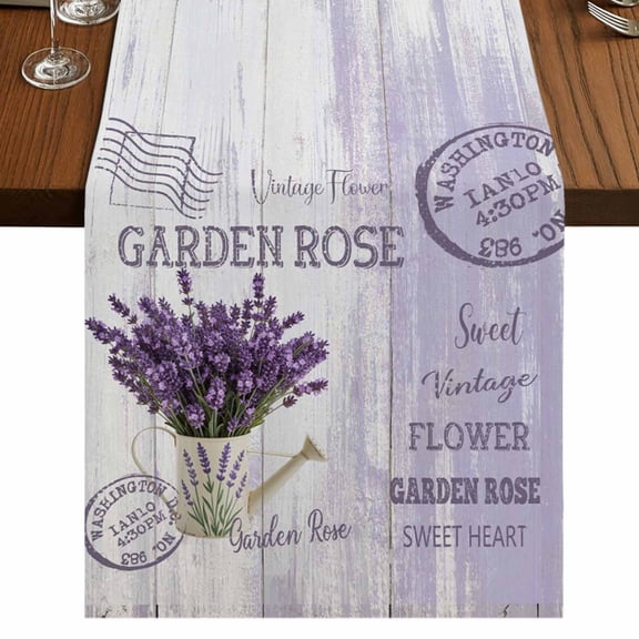 Purple Lavender Burlap Cotton Table Runner 13x70 Inches Long, Vintage Farmhouse Rustic Floral Wooden Grain Farmhouse Table Runners, Outdoor Dining Tablecloths Decor for Baby Shower/Party/Wedding