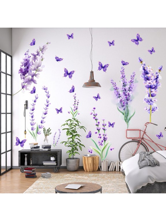 Purple Lavender Butterfly Bedroom Decorative Stickers Peel and Stick Wall Art Decorations Decor PVC Removable Lavender Wall Stickers for Bedroom Living Room Murals(Set of 2)