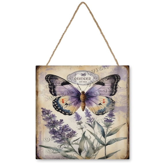Purple Lavender And Butterfly Decor Wood Hanging Sign Square Wall Decor for Girls Dorm, Floral Wall Art Ready to Hang for Office Living Room Home Decorations 12"x12"
