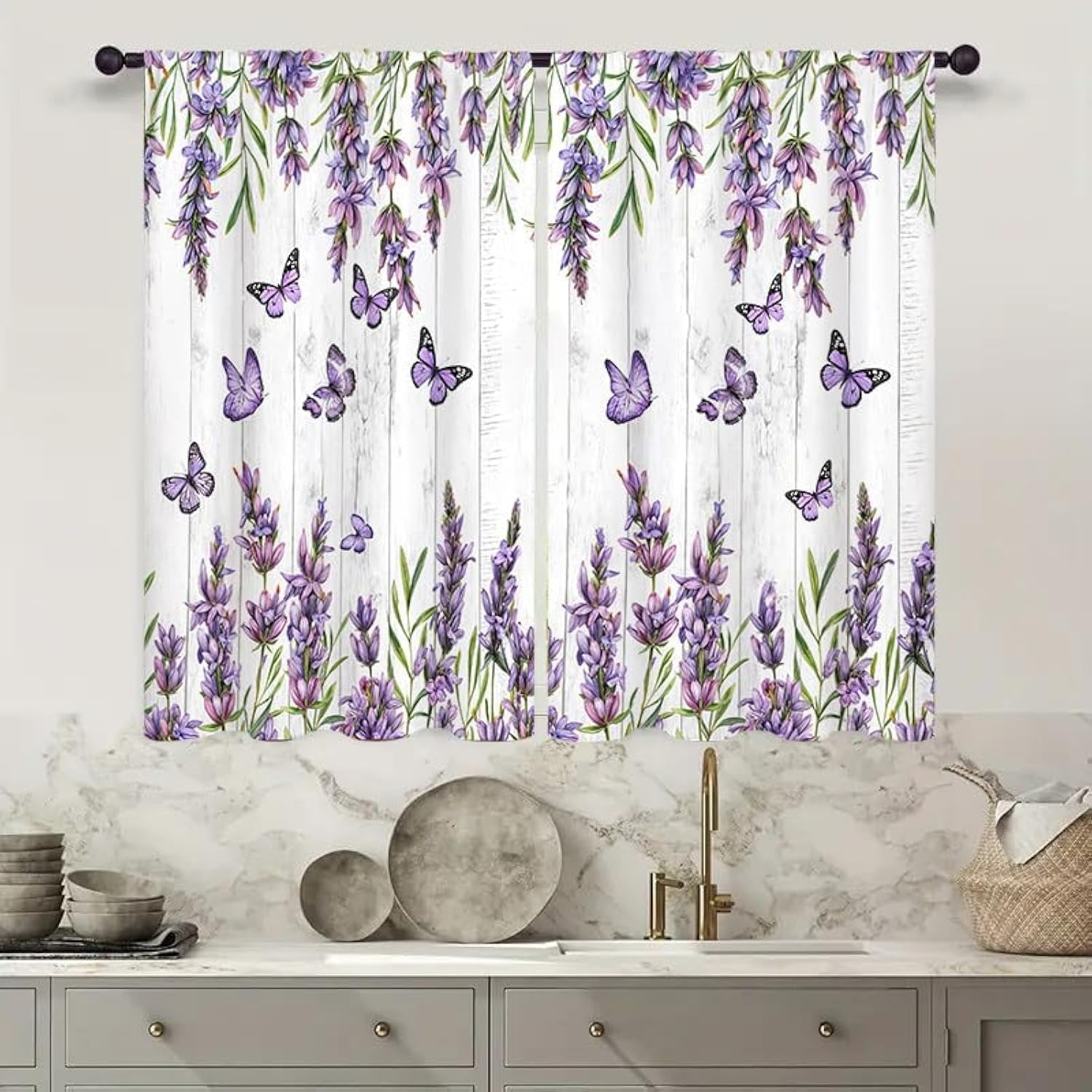 Purple Lavender Butterfly Kitchen Curtain 27.5W X 39L Inch 2 Panel Rod ...