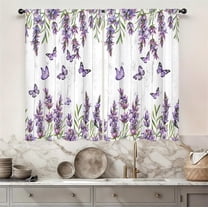 Purple Lavender Butterfly Kitchen Curtain 27.5W X 39L Inch 2 Panel Rod Pocket Liac Floral Spring Flower Rustic Farmhouse Wooden Country Small Short Cafe Tier Window Drapes Bathroom Home Decor