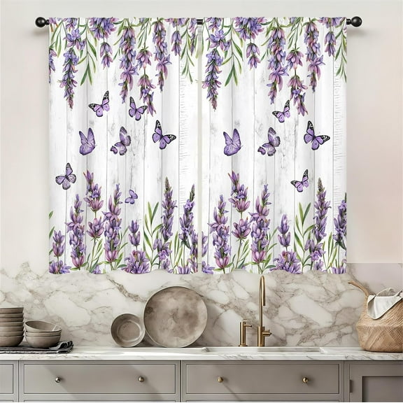 Purple Lavender Butterfly Kitchen Curtain 27.5W X 39L Inch 2 Panel Rod Pocket Liac Floral Spring Flower Rustic Farmhouse Wooden Country Small Short Cafe Tier Window Drapes Bathroom Home Decor