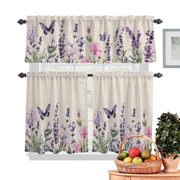 Purple Lavender Butterfly Kitchen Curtains Valances 3 Piece Set, Spring Purple Floral Flower Linen Texture Rod Pocket Tier Curtain and Valance Drapes for Small Window 24 Inch Length for Bedroom Cafe