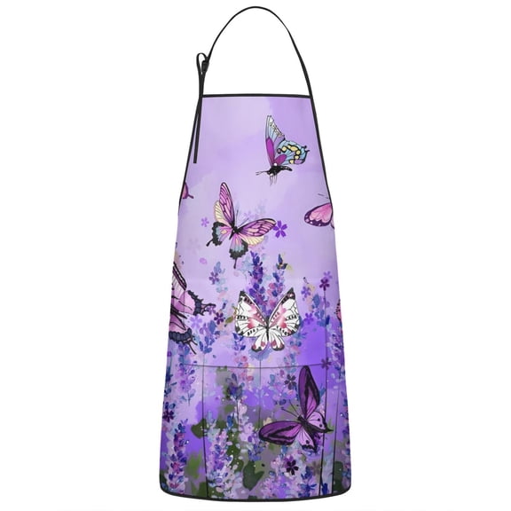 Purple Lavender Butterfly Scene Apron-Garden Aprons for Women with Pockets-Cotton Linen Waterproof Kitchen Cooking Gardening Aprons Adjustable for Kitchen,Cooking,BBQ and Salon 33x27 Inch
