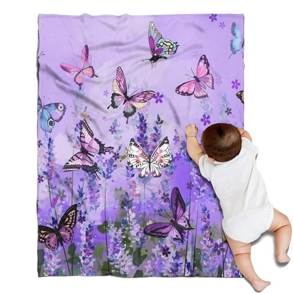 Purple Lavender Butterfly Scene Blanket,Comfortable Soft Flannel Throw Blanket,All Season,Warm Lightweight Blankets for Sofa Bed Couch Living Room Chair,30"x40"