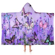 Purple Lavender Butterfly Scene Hooded Bath Towel，50"x30" for Ages 3 To 12 Kids, Quick Dry Lightweight Soft Microfiber Hood Beach Towel Cover Up for Kids