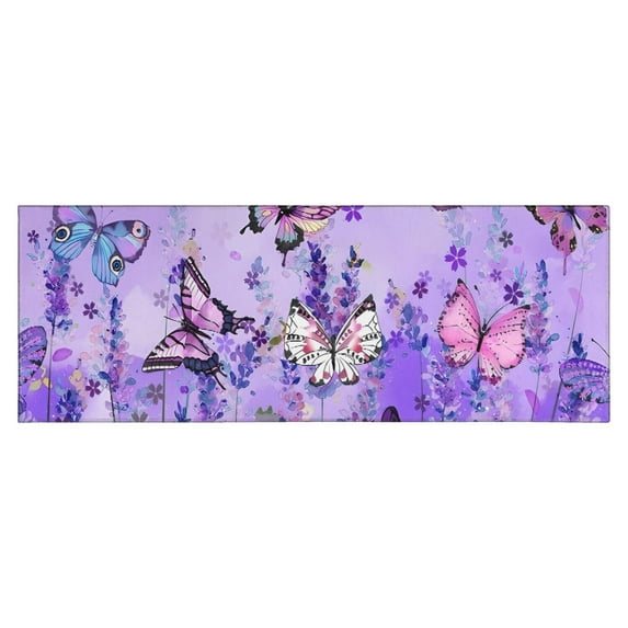 Purple Lavender Butterfly Scene Kitchen Rug Mat,Kitchen Runner Rugs Non Skid Washable,Decorative Kitchen Floor Mats for Kitchen,Sink,Laundry,17"X47"