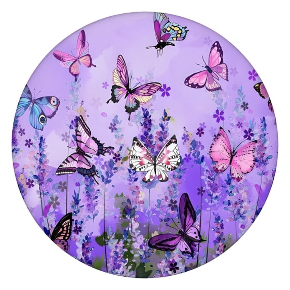 Purple Lavender Butterfly Scene Round Fitted Tablecloth with Elastic Edge,Dining Table Cover Waterproof,Outdoor Round Tablecloth for Camping,Dining,Indoor and Outdoor