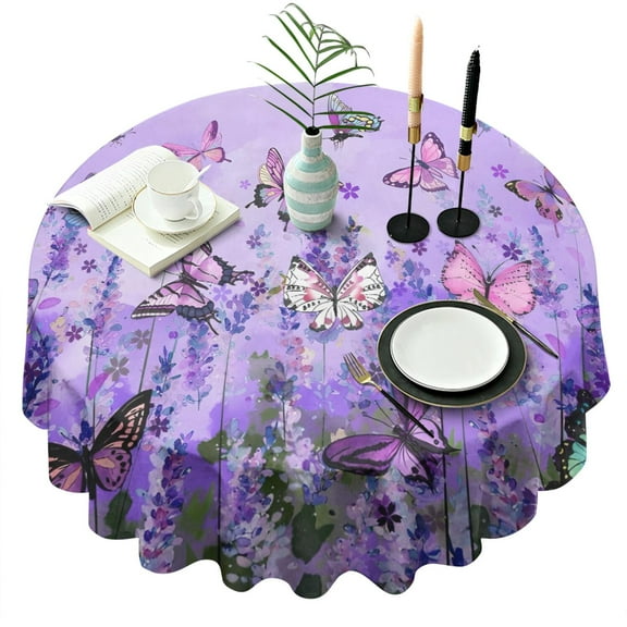 Purple Lavender Butterfly Scene Round Tablecloth 60"x60",Wrinkle Wipeable Table Cloth for Kitchen Dining Room Picnic Patio Party