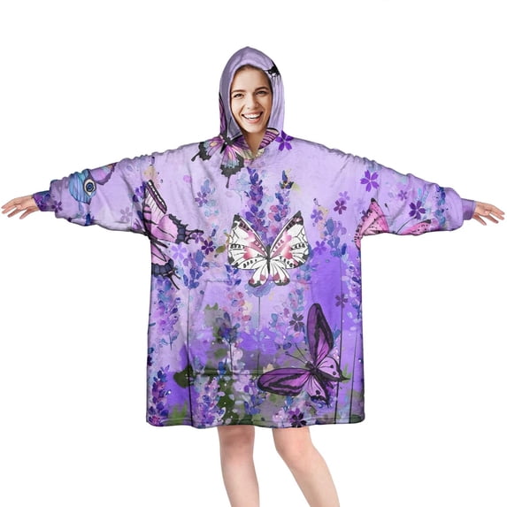 Purple Lavender Butterfly Scene Wearable Oversized Blanket,Wearable Blanket Hoodie for Adults,Cozy Hooded Blankets with Super Pockets,Super Warm Fuzzy Pullover for Women & Men