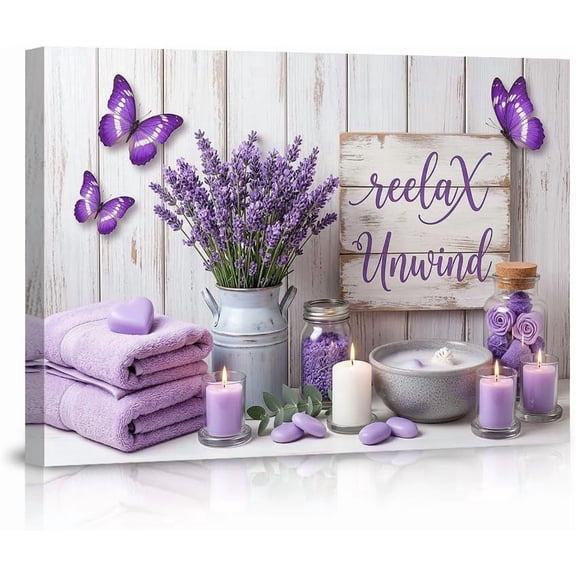 Purple Lavender Canvas Wall Art Decor with Butterflies Relax Unwind Quote Spa Themed Floral Farmhouse Picture for Bathroom Bedroom Living Room Inspirational Calming Home