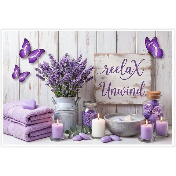 Purple Lavender Canvas Wall Art Decor with Butterflies Relax Unwind Quote Spa Themed Floral Farmhouse Picture for Bathroom Bedroom Living Room Inspirational Calming Home