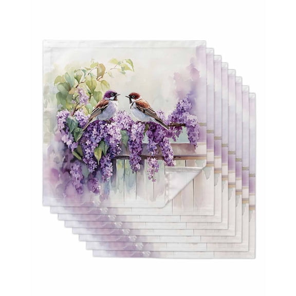 Purple Lavender Cloth Napkins Set of 8 Reusable Dinner Napkins, Wildflower Garden Floral Motifs Birds Cocktail Napkin Washable Table Napkins for Wedding/Holiday Party/Baby Shower 20"x20"