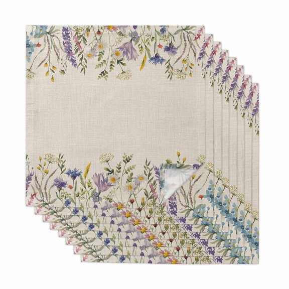 Purple Lavender Cloth Napkins, Spring Rustic Wildflowers Botanical Beige Washable and Reusable Dinner Napkins Set of 8, Table Napkin for Kitchen Party Birthday Wedding Hotel Housewarming 20"x20"