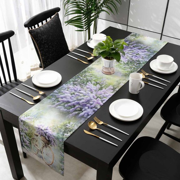 Purple Lavender Cotton Linen Table Runner 13 x 70 inch Floral Pastoral Country Bike Farmhouse Non-slip Rectangular Dining Table Decor for Wedding Party Holiday Dinner