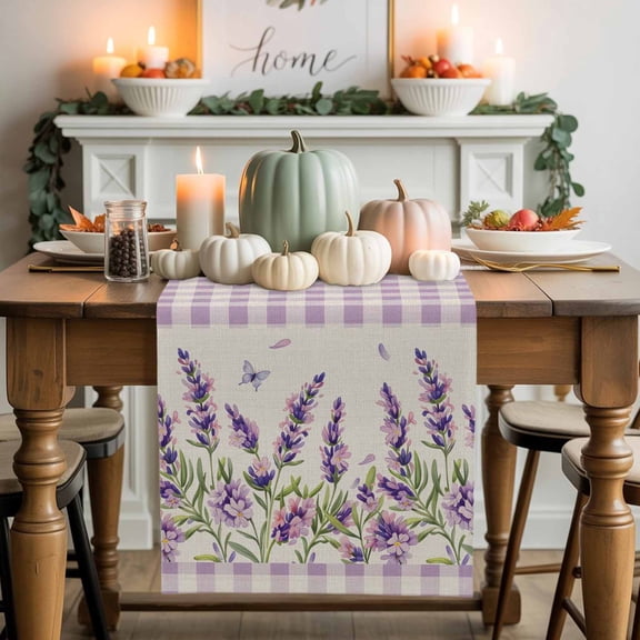 Purple Lavender Cotton Linen Table Runner, Washable Table Runners for Kitchen, Dining Room, Holiday, Home Party Table Decor, 13x60 Inches
