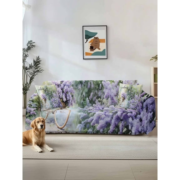 Purple Lavender Couch Cover for Dogs, Green Leaves Spring Bike Botanical Washable Sofa Covers Slipcover for Pets Dogs Futon Cover, Couch Recliner Covers, Oversized Chair Slipcover 71"x91"