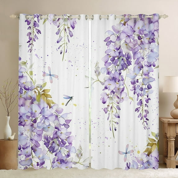 Purple Lavender Curtains 2 Panels,42"x90",Dragonfly Wildlife Floral 30%-50% Blackout Curtains,Watercolor Flowers Leaves Window Curtains & Drapes,Rustic Farmhouse Country Decor Darkening Curtains