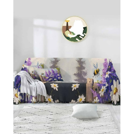 Purple Lavender Daisy Oil Painting Flower Garden Bee Sofa Couch Covers for 3 Cushion Couch,Washable L Shape Sectional Sofa Covers for Loverseat/Pet/Kid,Slipcover Throw Blanket Futon Cover 71x134