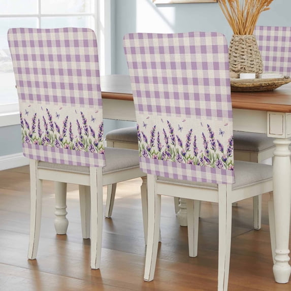 Purple Lavender Dining Chair Back Cover Only, Watercolor Spring Floral Butterfly Rustic Purple Plaid Set of 6 Chair Back Covers, Removable Washable for Dining Room, Banquet & Holiday Decoration