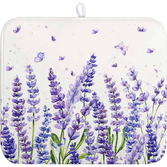 Purple Lavender Dish Drying Mat for Kitchen Counter Spring Summer Flower Floral Dishes Drainer Mats Absorbent Microfiber Dish Drying Pad Washable Dish Draining Mat Medium 16x18 Inch