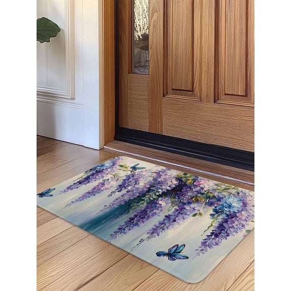 Purple Lavender Door Mat Indoor Outdoor Entrance, Non Slip Rug for Kitchen Bathroom Entryway Rug, Butterfly Flower Abstract Brush Artwork Washable Doormat Floor Mat 24x36 Inch