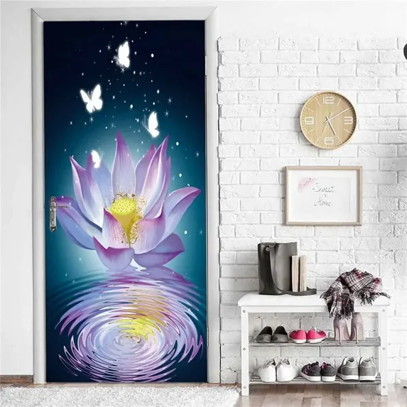 Purple Lavender Door Sticker Flower Field Sunset Decal Removable Beautiful Floral Mural Poster Wall