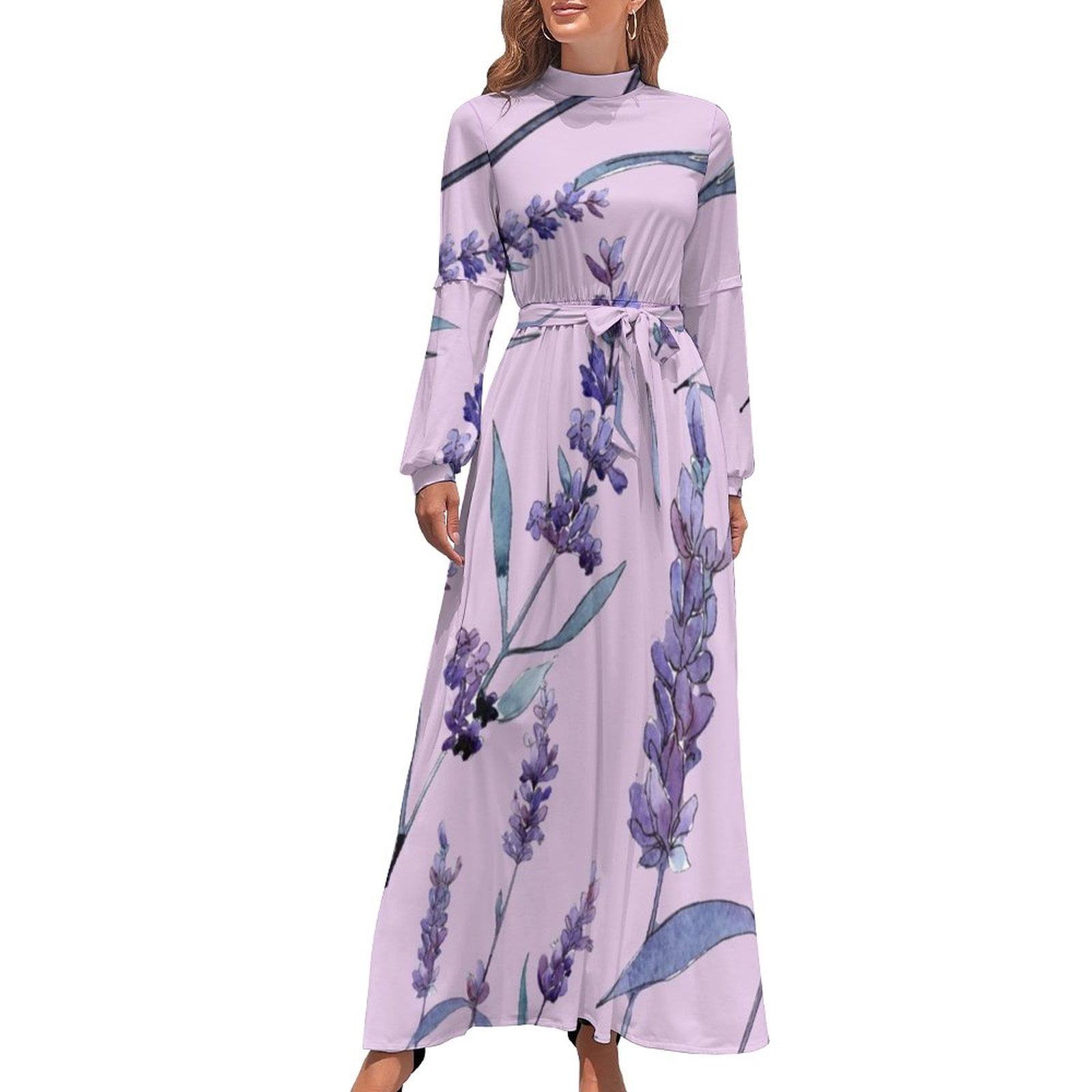 Purple Lavender Dress Flower Print Cute Maxi Dress Street Style Bohemia  Long Dresses High Neck Graphic Vestido - Walmart.com