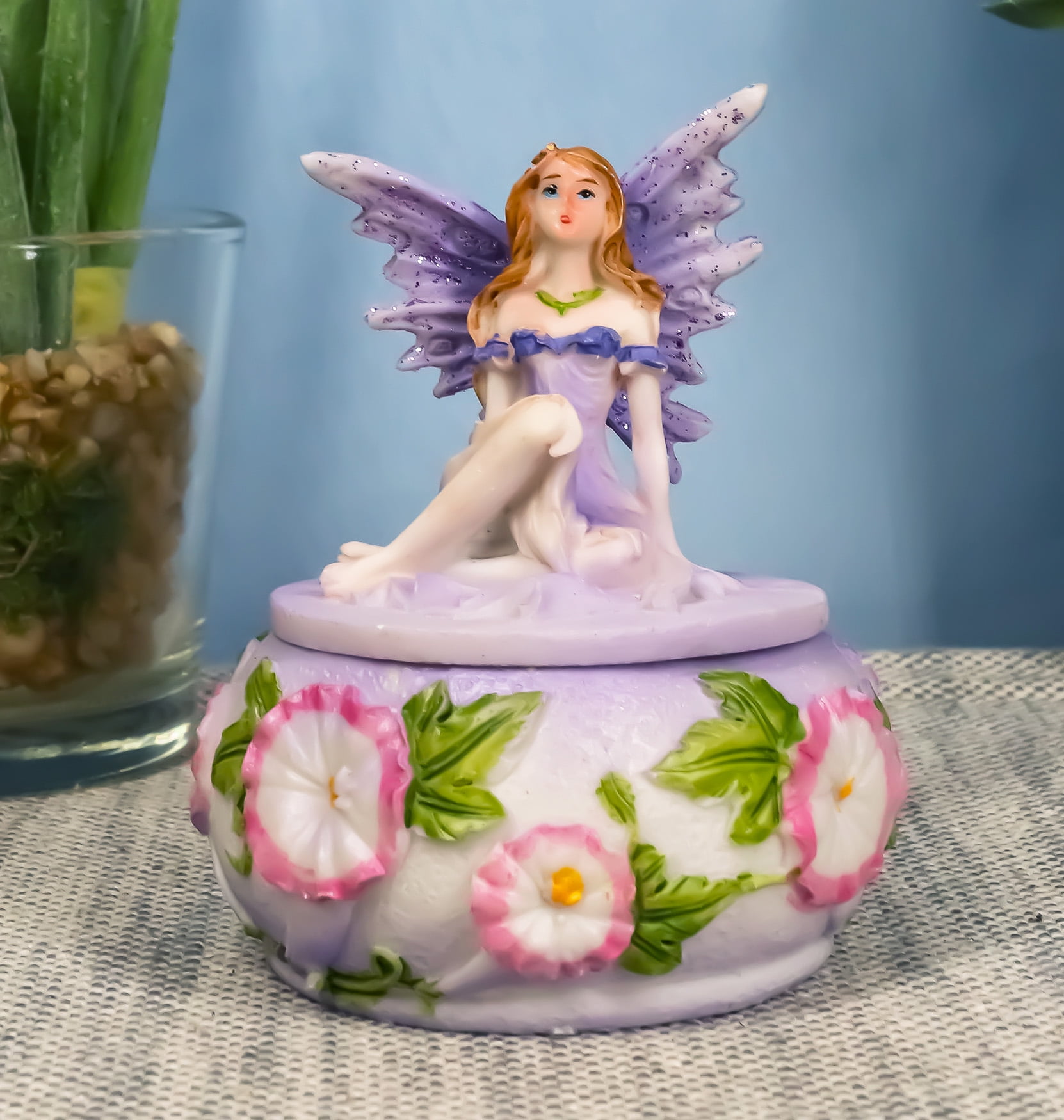 EBROS GIFT Purple Lavender Fairy Garden Fae Small Round Trinket Jewelry Box Figurine 3.25"H