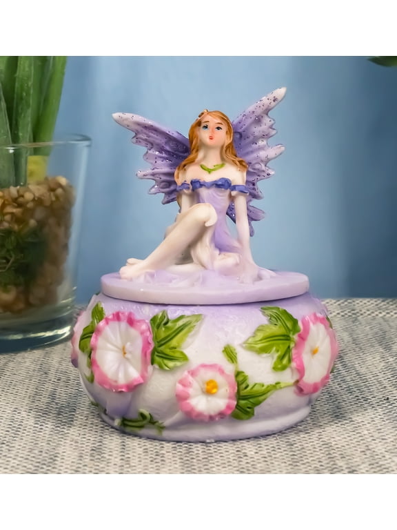 Purple Lavender Fairy Garden Fae Small Round Trinket Jewelry Box Figurine 3.25"H