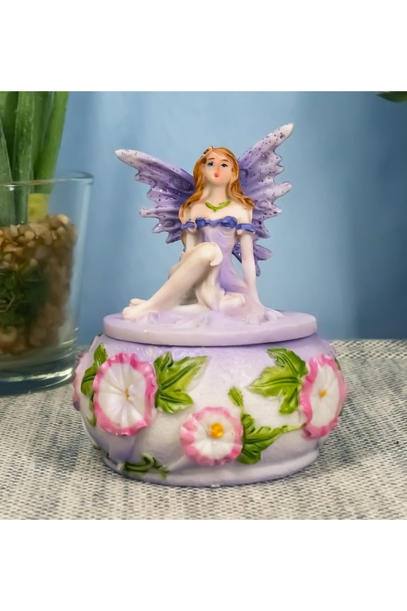 Purple Lavender Fairy Garden Fae Small Round Trinket Jewelry Box Figurine 3.25"H