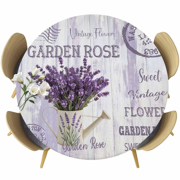 Purple Lavender Farm Wood Grain Fitted Round Tablecloths Table Covers 55"-60",Waterproof Table Cloth for Kitchen Holiday Party Tables Decor