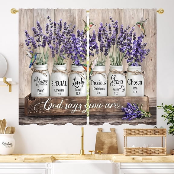 Purple Lavender Farmhouse Flower Kitchen Curtain 27.5W X 39L Inch 2 Panels Country Retro God Says You are Wooden Rustic Small Cafe Tier Hummingbird Window Treatment Short Drapes Bathroom Decor
