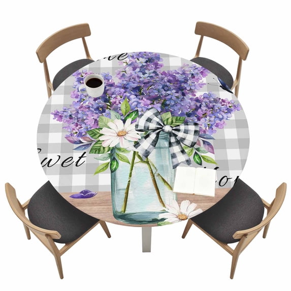 Purple Lavender Fitted Tablecloth with Elastic Edged, Round Table Cloth for Dining Table, Spring Butterfly Daisy Watercolor Gray Waterproof Oil Proof Table Cover for Indoor Outdoor 45"-54"
