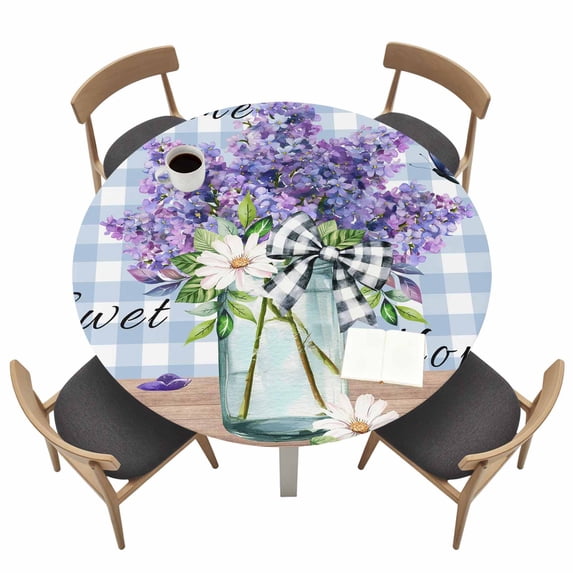 Purple Lavender Fitted Tablecloth with Elastic Edged, Round Table Cloth for Dining Table, Spring Daisy Butterfly Plants Watercolor Blue Waterproof Oil Proof Table Cover for Indoor Outdoor 45"-54"