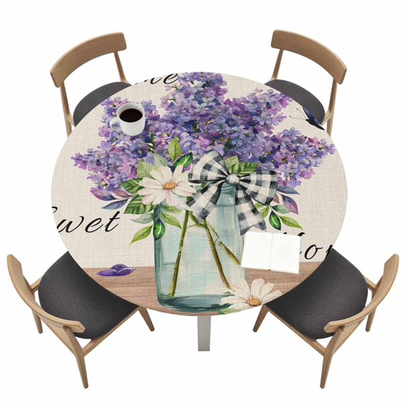 Purple Lavender Fitted Tablecloth with Elastic Edged, Round Table Cloth for Dining Table, Spring Floral Daisy Butterfly Leaves Beige Waterproof Oil Proof Table Cover for Indoor Outdoor 45"-54"