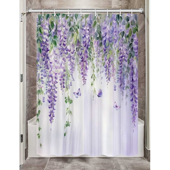 Purple Lavender Floral Butterfly Camper RV Shower Curtain for Travel Trailer Bathroom, Camping Fabric Stall Small Narrow Shower Curtains Set, Happy Camp Outdoor Decor Accessories with Hooks 47X64