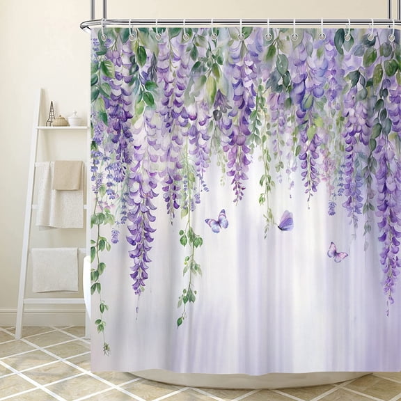 Purple Lavender Floral Butterfly Shower Curtain, Spring Purple Lilac Flower Leaves Fabric Shower Curtains Set for Girl Bathroom Decorative, Watercolor Restroom Decor Accessories with Hooks 60X72 Inch