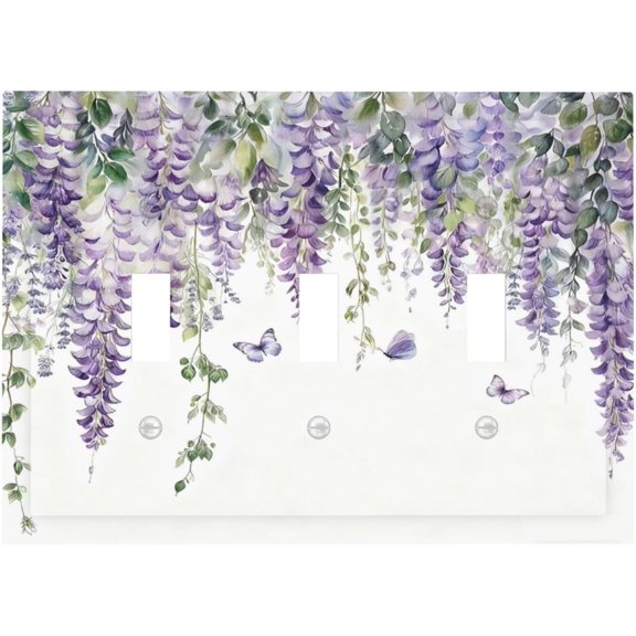 Purple Lavender Floral Butterfly Spring Lilac Flower Leaves Decorative Switch Plates 3 Gang Wall Plate Triple Toggle Light Switch Cover Faceplate Electrical Wall Panels for Bedroom Living Room Decor