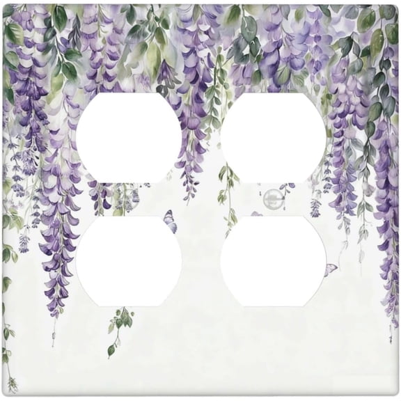 Purple Lavender Floral Butterfly Spring Lilac Flower Leaves Outlet Covers 2 Gang Double Duplex Decorative Light Switch Covers Electrical Wallplates Socket Faceplate for Bedroom Living Room Decor