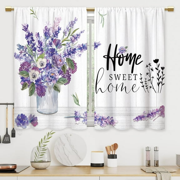Purple Lavender Floral Kitchen Curtains Farmhouse Flower Bathroom Curtains Window Treatment Drapes Tier Plant Country Cafe Small Bedroom Short French Door Curtains 2 Panels 27.5x39 Inch