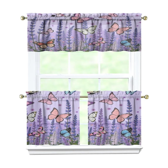 Purple Lavender Flower Butterflies 3-Piece Kitchen Curtains Set Kitchen Curtains Sets with Valance for Windows Rod Pocket Machine Washable Kitchen Decor Decorations (54"x18"+2x27.5"x24")