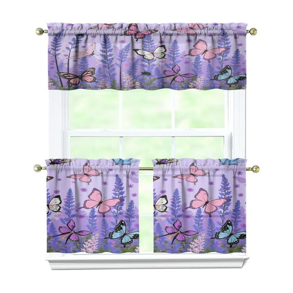Purple Lavender Flower Butterflies 3-Piece Kitchen Curtains Set Kitchen Curtains Sets with Valance for Windows Rod Pocket Machine Washable Kitchen Decor Decorations (54"x18"+2x27.5"x24")